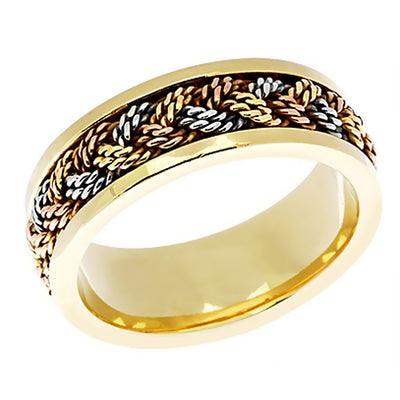 Solid 14k Gold Tri Three Color 7mm Woven Wedding Band Ring Comfort
