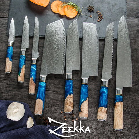 Damascus Steel Knives with Blue Resin Handle – Vertoku