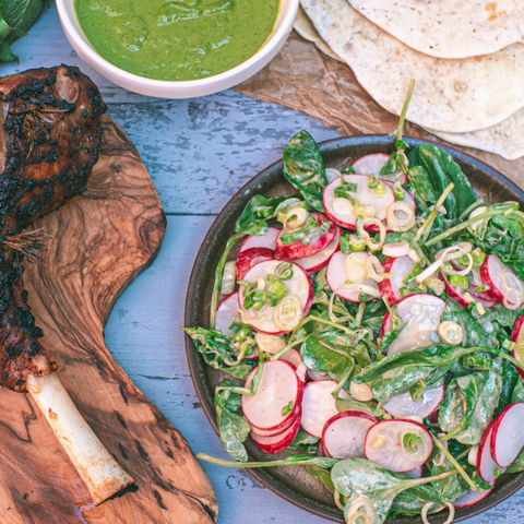 Slow cooked lamb with flatbreads and wild garlic salsa