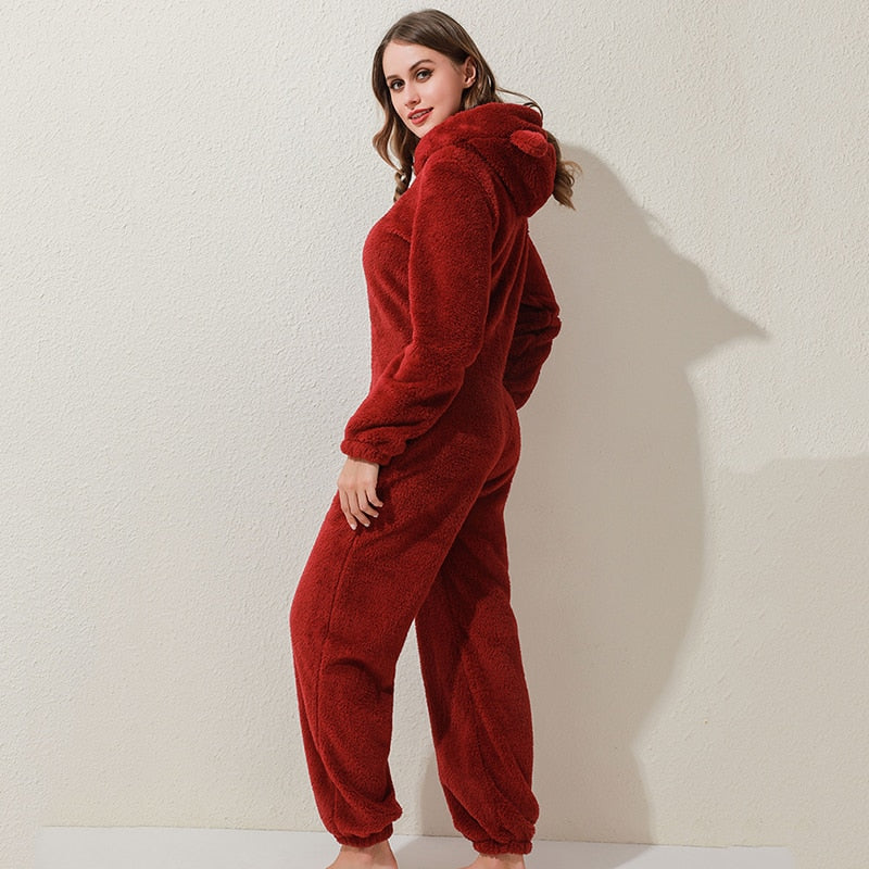 PLUSH Winter Warm Women Onesies Fluffy Fleece Jumpsuits Sleepwear Overall  Hood Sets Pajamas