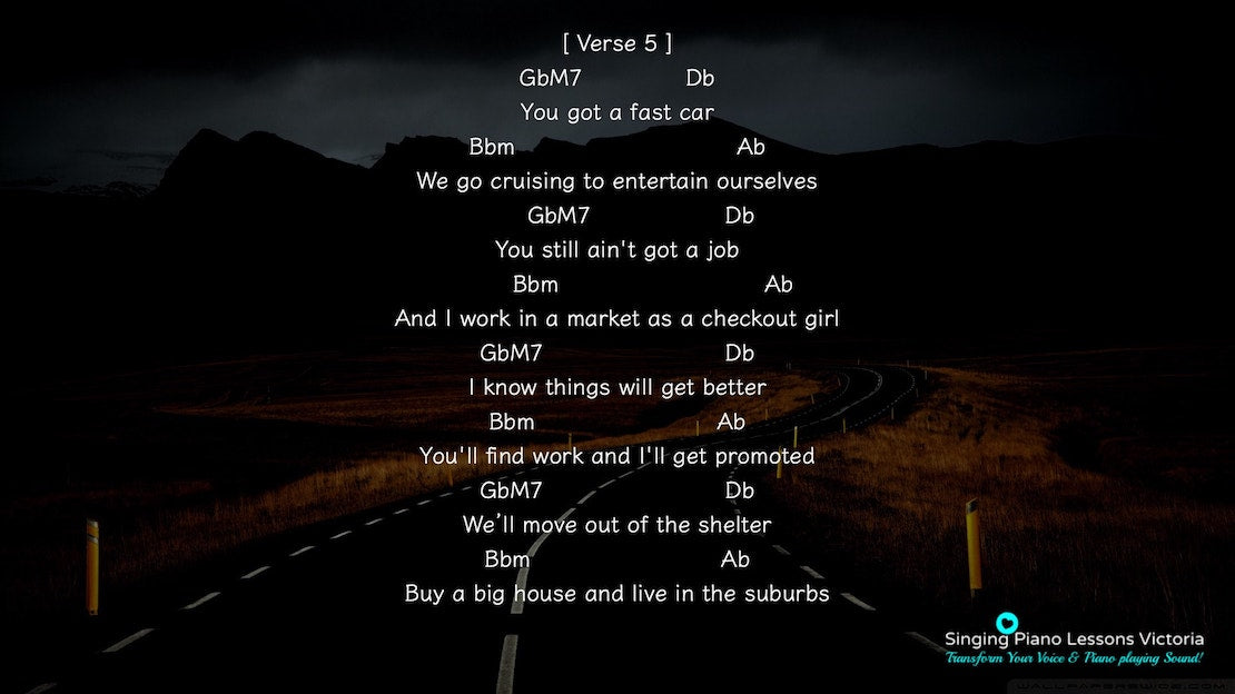 13 Verse Fast Car by Tracy Chapman, Karaoke in Higher Female Key(& Male, Baritone), HQ