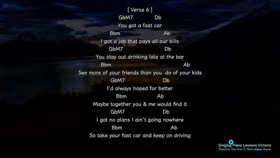 17 Verse Fast Car by Tracy Chapman, Karaoke in Higher Female Key(& Male, Baritone), HQ