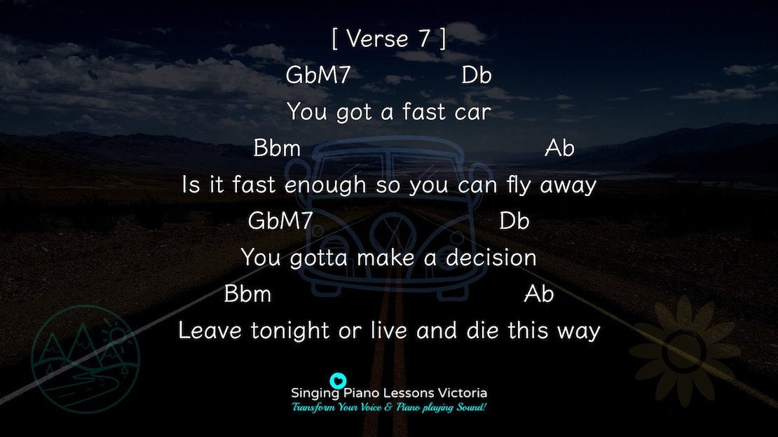 21 Verse Fast Car by Tracy Chapman, Karaoke in Higher Female Key(& Male, Baritone), HQ