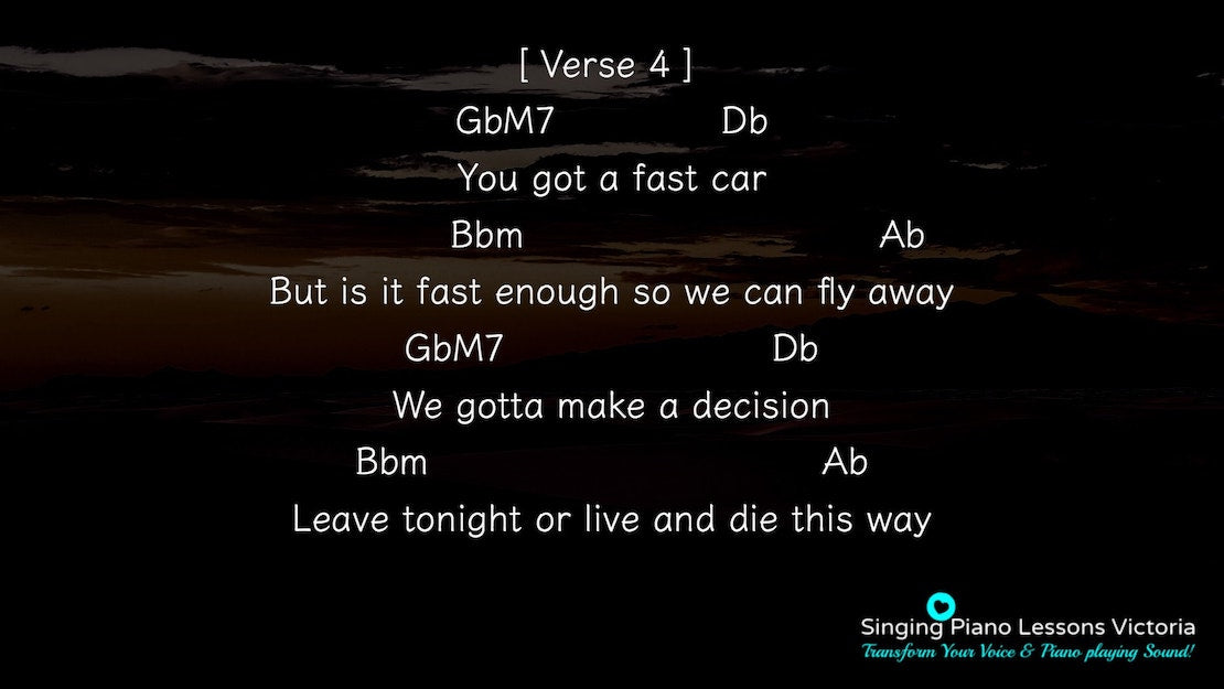 9 Verse Fast Car by Tracy Chapman, Karaoke in Higher Female Key(& Male, Baritone), HQ