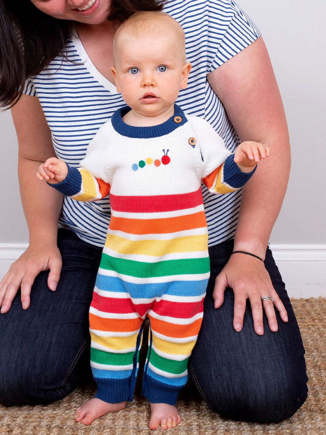 Rainbow caterpillar knit romper