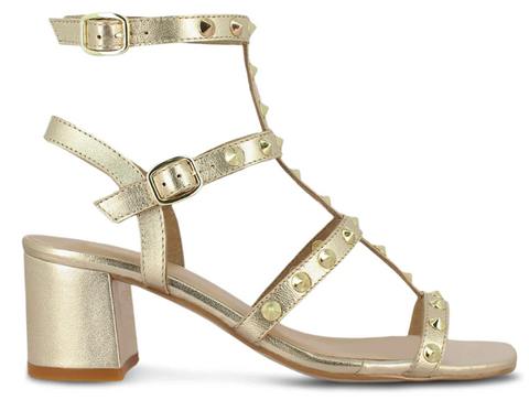 SAINT CAMILLA GOLD LEATHER METAL STUDDED BLOCK HEELS.