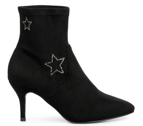 SAINT PENELOPE SILVER STAR BLACK STRETCH SUEDE KITTEN ANKLE BOOTS