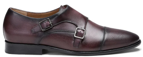 SAINT ALBOIN TWO COLOR TONED RED LEATHER DOUBLE BUCKLED MONK STRAP SHOES