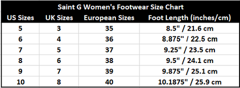 Saint G Women's Footwear Size Chart