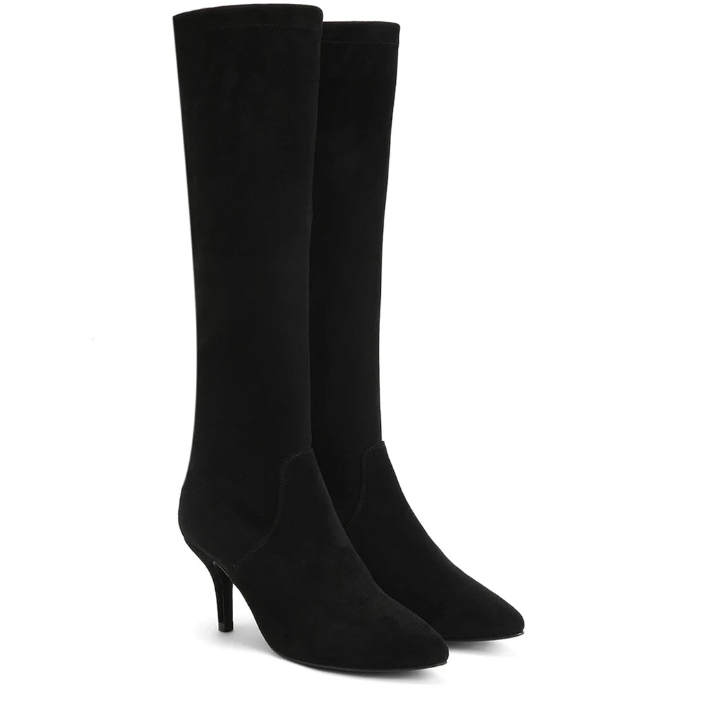 black suede kitten heel knee high boots