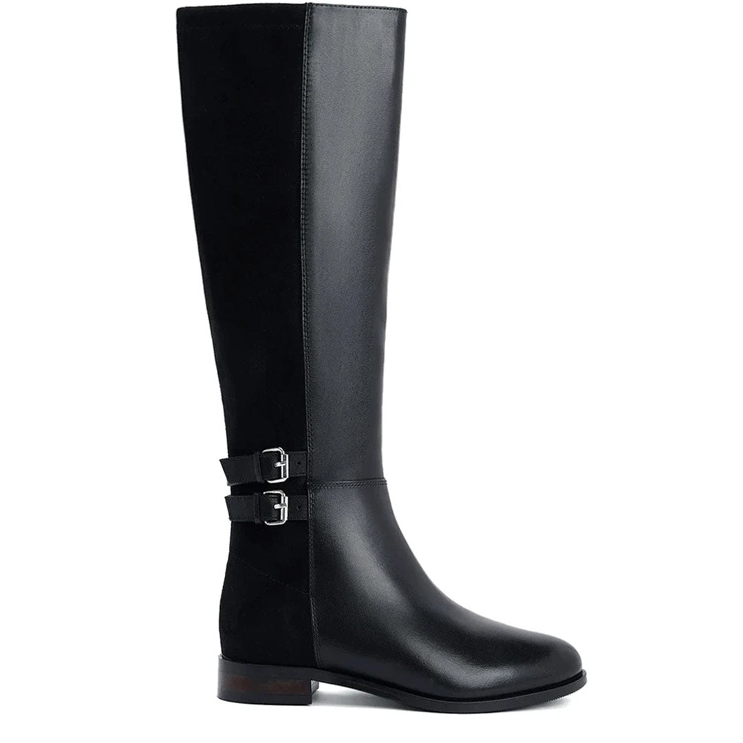 Saint Hermione Buckle Wrap Strap Black Leather Knee High Boots