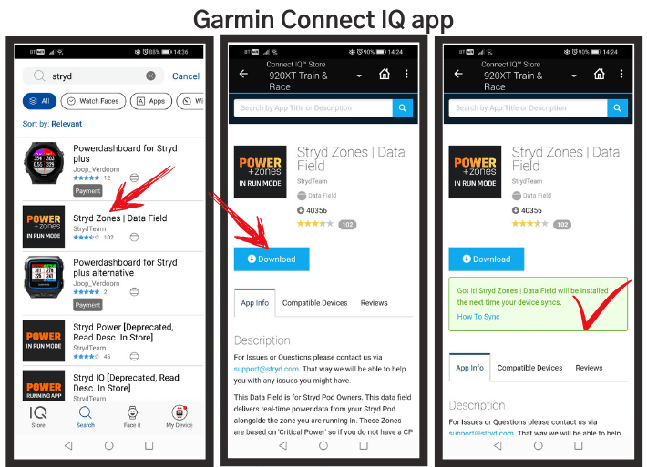 Garmin Connect IQ app store for Stryd run power data