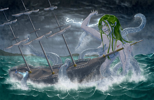 Squid girl destroying an Asstorian sailing ship.