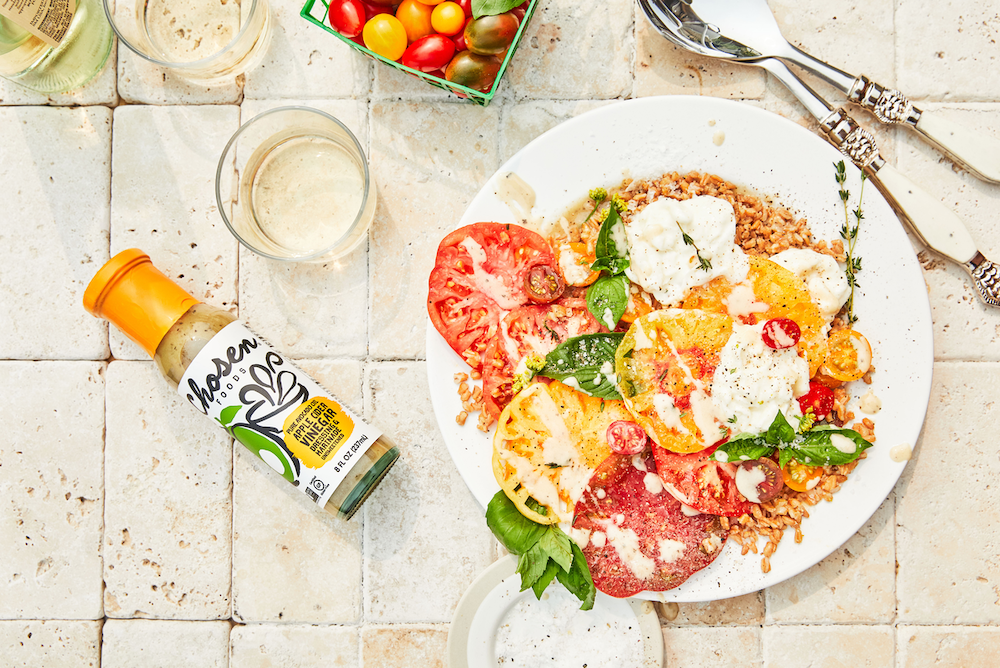 Farro Caprese Salad made with Chosen Foods Apple Cider Vinegar Dressing & Marinade