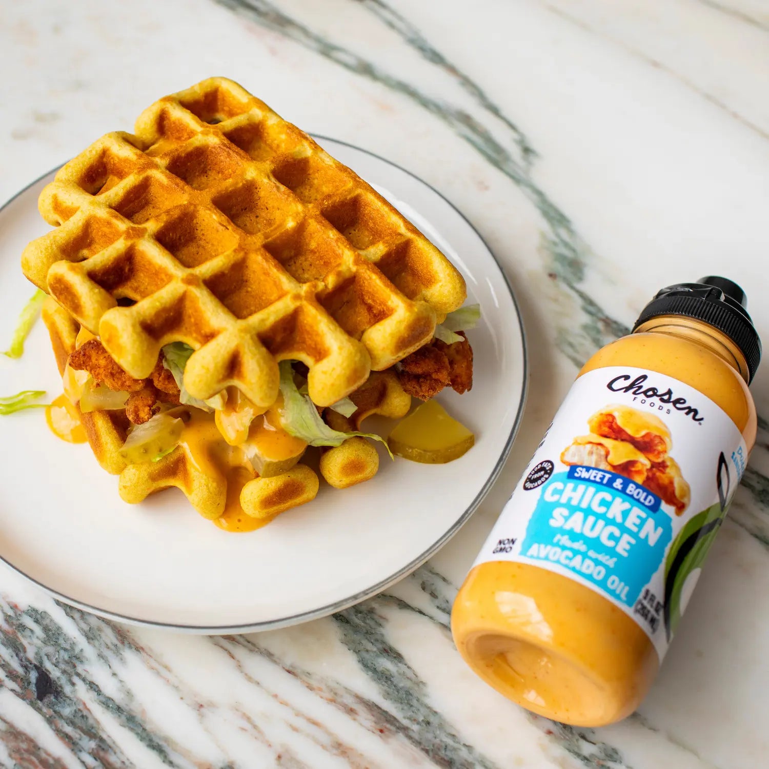 Fried Chicken & Waffle Sandwich Recipe With Chosen Foods Chicken Sauce