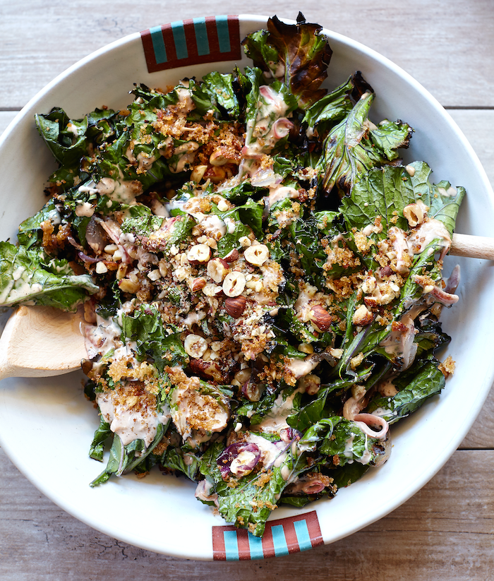 Grilled Kale Salad with Chosen Foods Roasted Garlic Mayonnaise Dressing