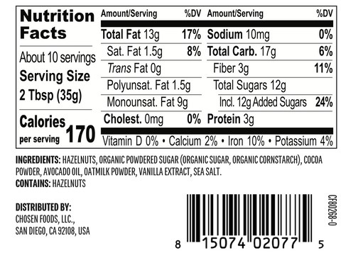 Ingredients & Nutrition Facts for Chosen Foods Chocolate Hazelnut Spread