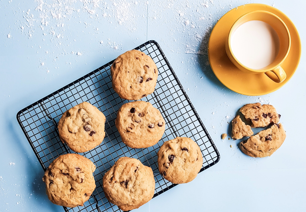 chocolate chip cookies with milk