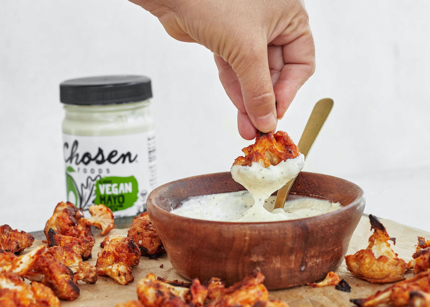 Vegan Ranch Dip made with Chosen Foods Vegan Avocado Oil Mayo and served with Buffalo Cauliflower