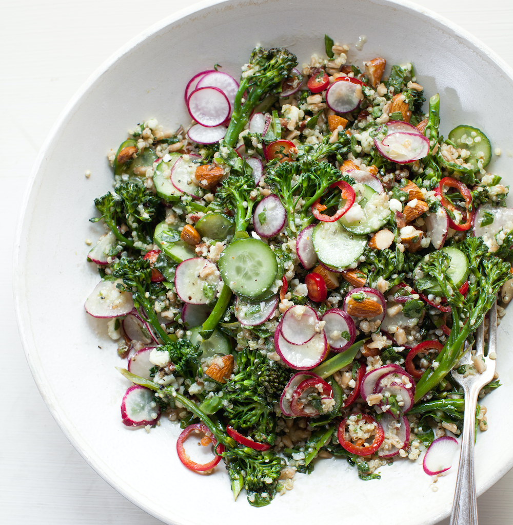broccolini farro and quinoa salad made with Chosen Foods Avocado Oil