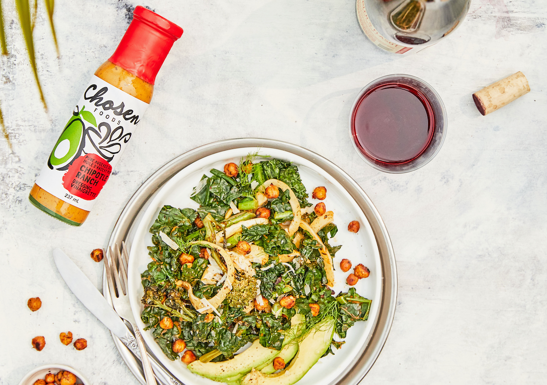 Smokey Chipotle Kale Salad made with Chosen Foods Chipotle Ranch Dressing