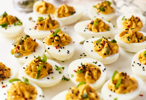 pumpkin spiced deviled eggs made with Chosen Foods Avocado Oil Mayo