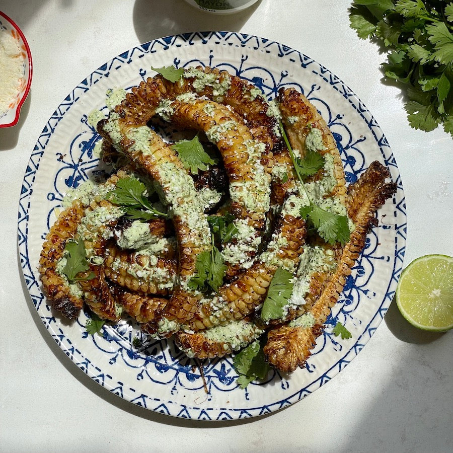 Elote-style corn ribs made with Chosen Foods Avocado Oil and Mayo