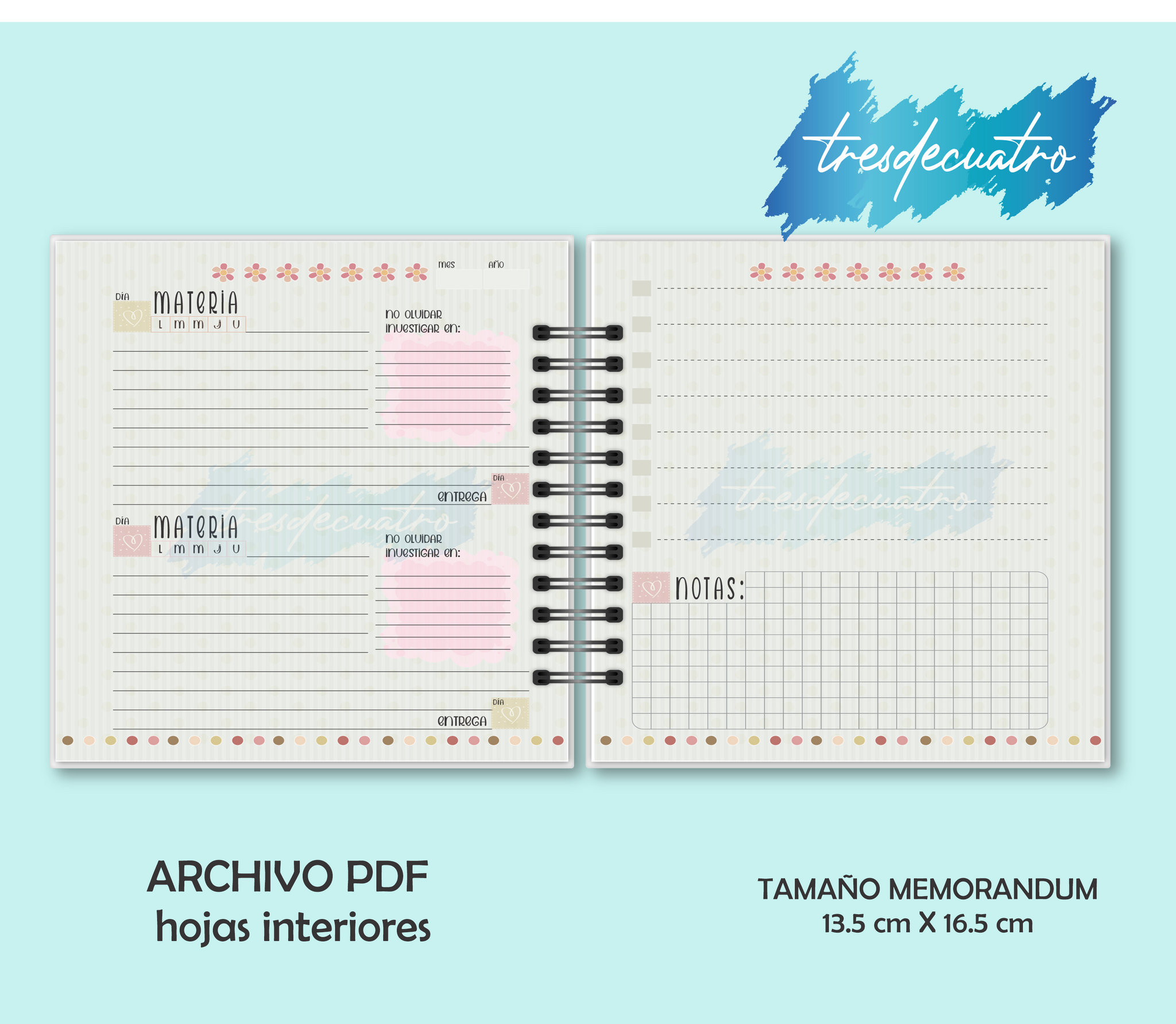Archivo Digital para Libreta: Mis Tareas PDF Hojas interiores – 3d4  Designers
