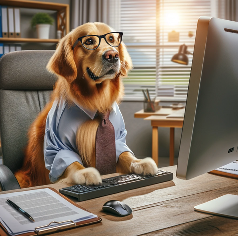 Dog working at a computer