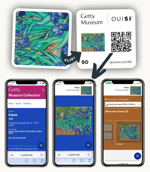 An Art Card from OuiSi x Getty depicting Van Gogh's Irises painting, including a visual explainer of how the QR codes work.