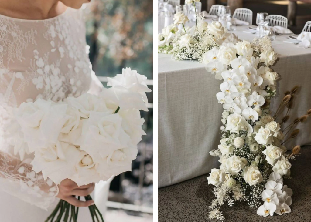 Image 1: Bride holding a bouquet of classic white roses. Image 2: Classic white florals cascading over a table for wedding reception