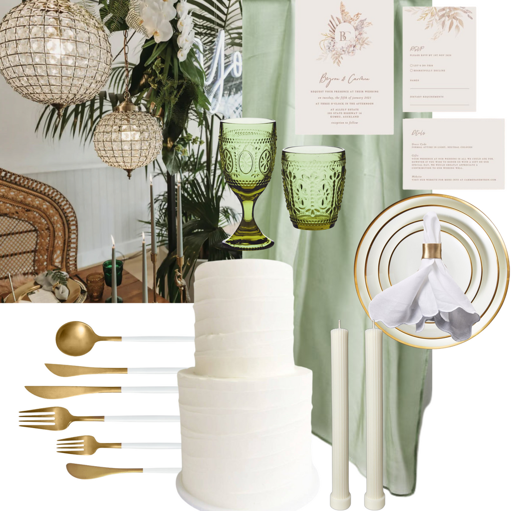Layered moodboard of a botanical green wedding package including a two tired textured white wedding cake, green glassware, gold edged white crockery, white and cold cutlery and an image of plants surrounding a table. 