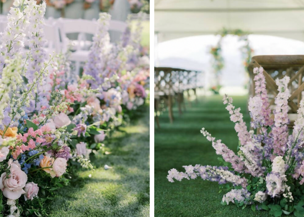 Lilac and Sunshine ceremony florals line the aisle of a garden ceremony
