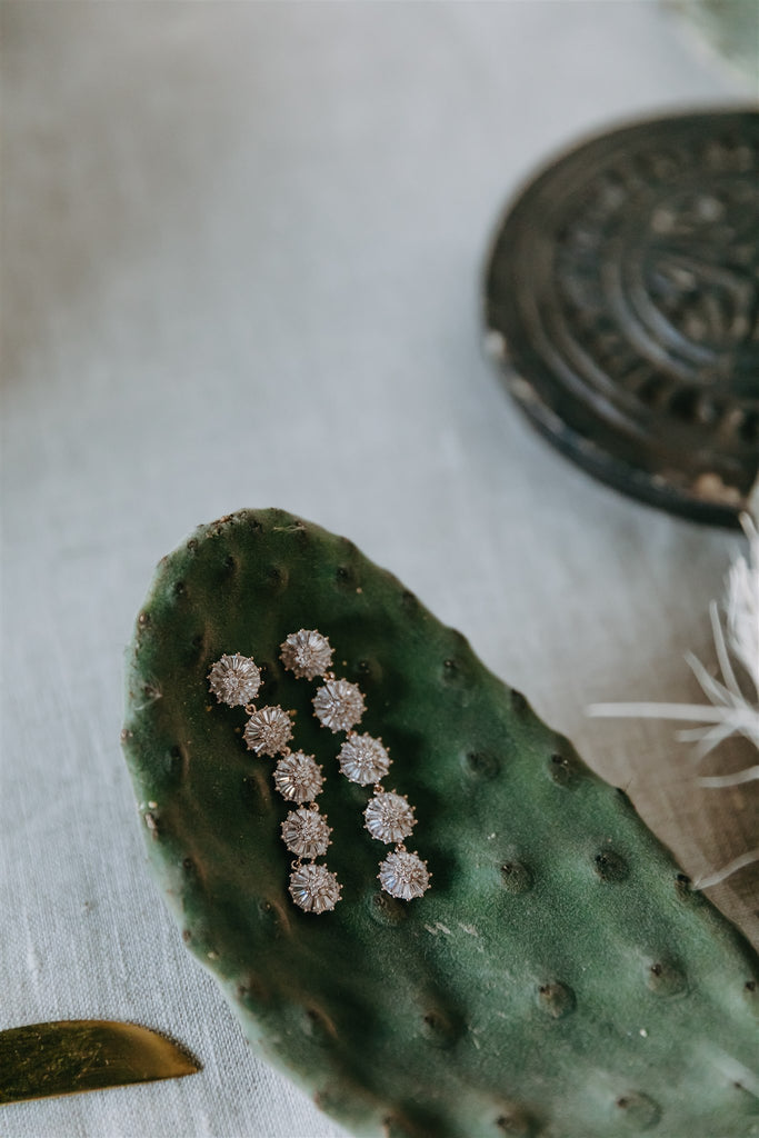 Wedding earrings sit on cactus