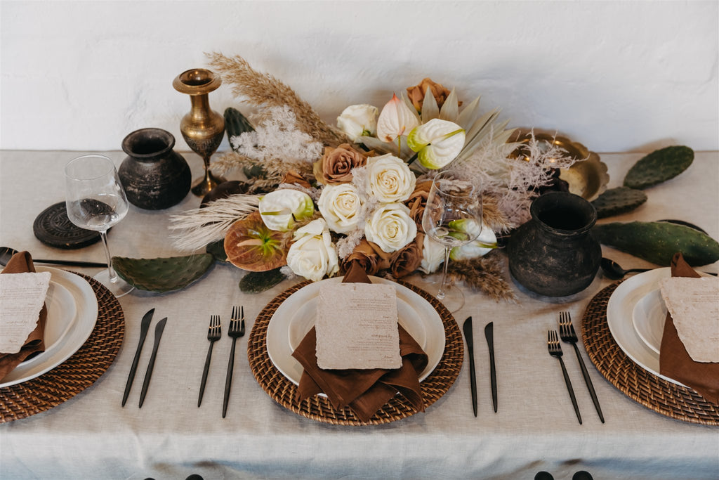 Table styled in modern bohemian wedding theme