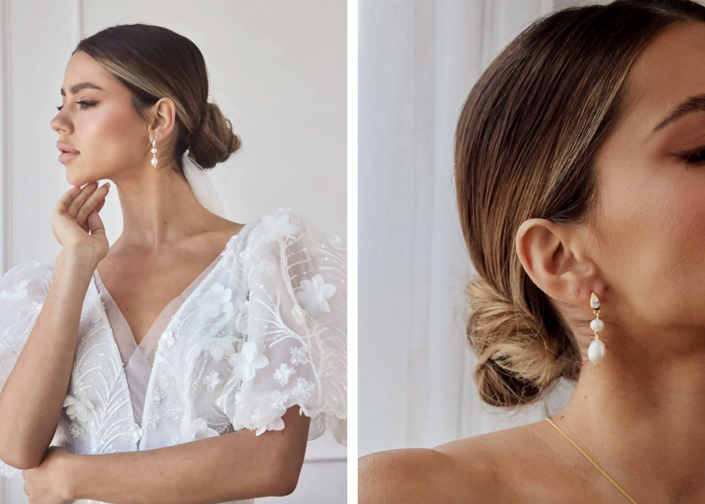 Model 1 wearing white bridal dress with drop earrings. Model 2 close up of face with drop earrings for a wedding