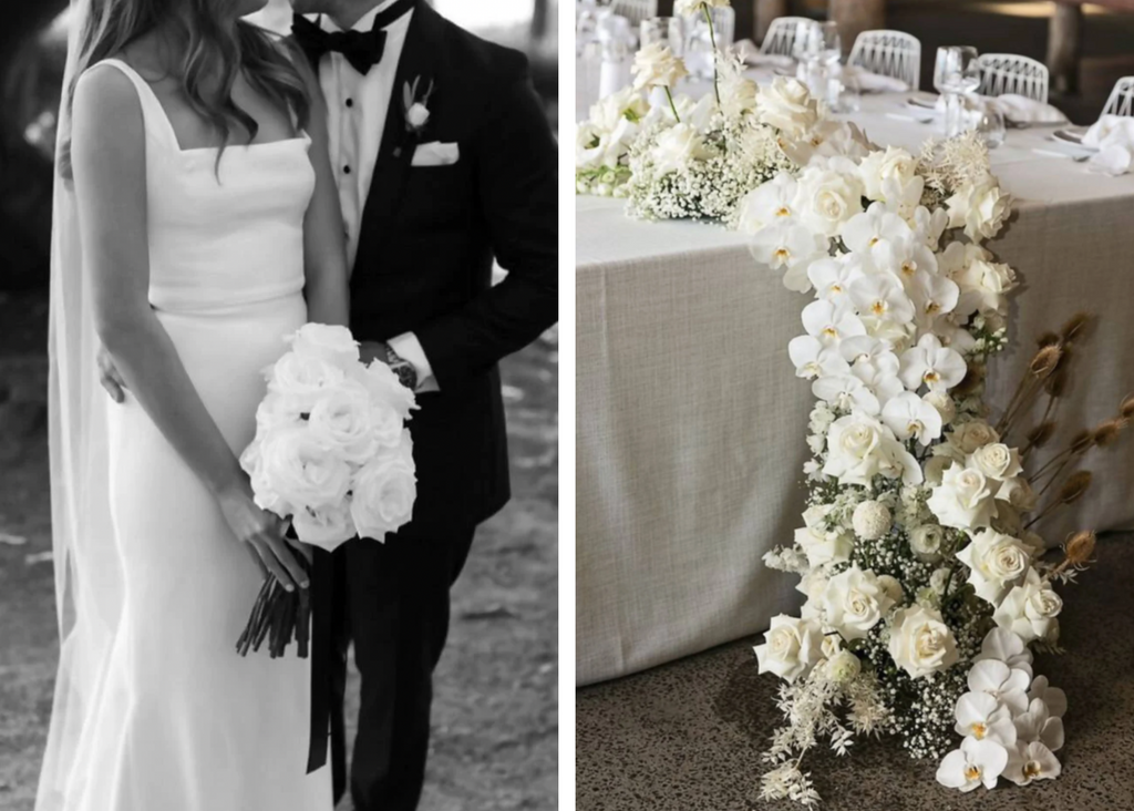 Image 1: Black and White photo with smiling Bride and Groom, while Bride holds classic white reflexed rose bouquet. Image 2: White and green florals draping over the end of a table at a wedding. 