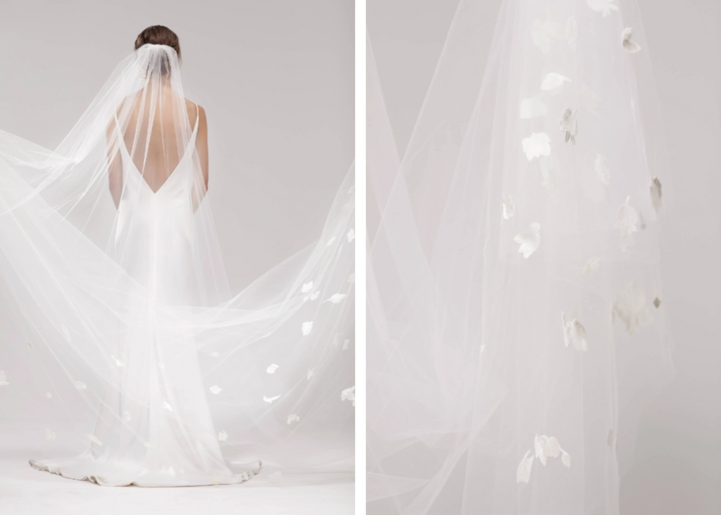 Image 1: Bride facing away from the camera, with white bridal dress and long floral embroidered veil. Image 2: Close up of a white veil embroidered with flowers