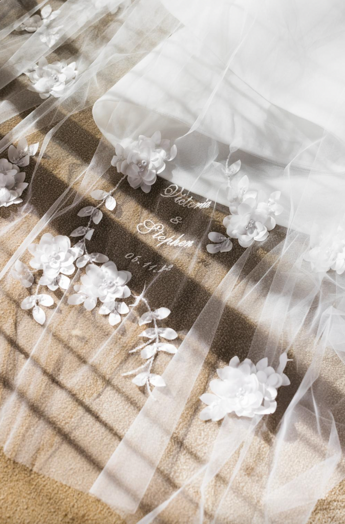 Victoria Devine's Personalised Wedding Veil with their wedding date and Victoria and Husband Stephen's name