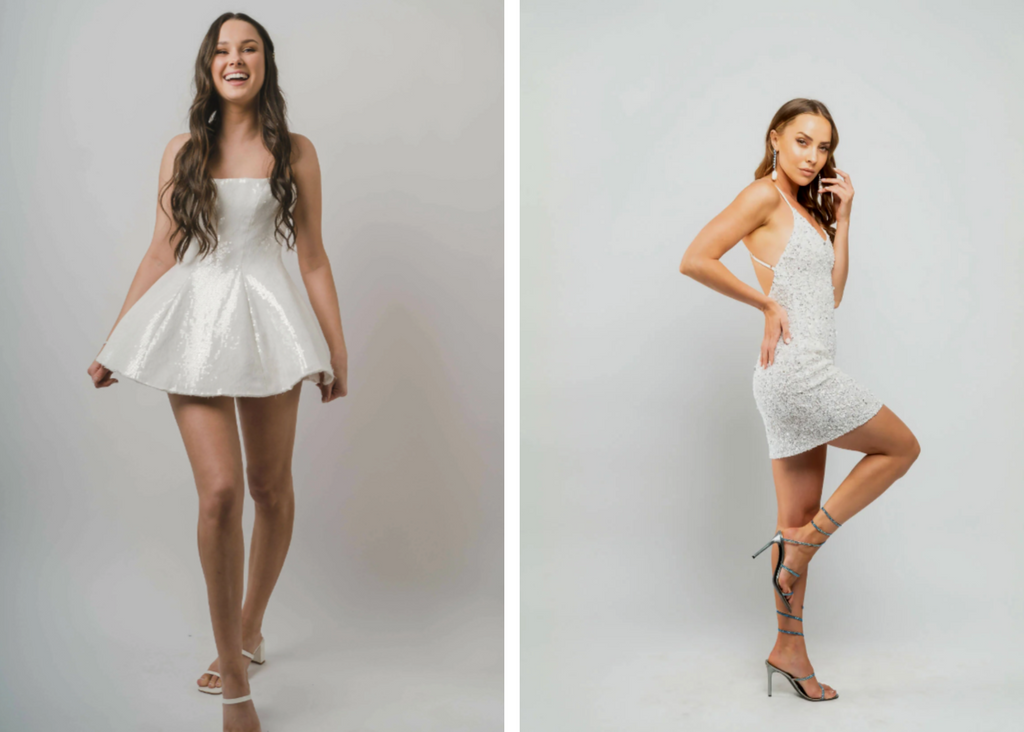 Model 1 wearing white mini reception dress. Model 2 wearing sequin mini reception dress.