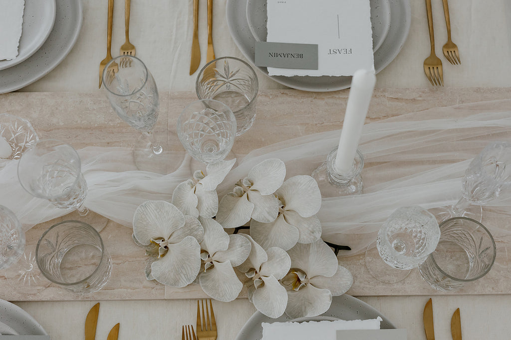 Overhead of wedding table styling 