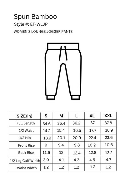 Size chart for women’s bamboo lounge jogger pants