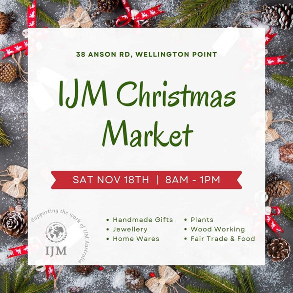 IJM Christmas Market Sat Nov 18th | 8am - 1pm. Background image features festive decorations