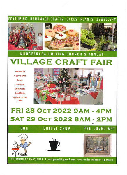 Mudgeeraba Uniting Church Annual Village Craft Fair. Handmade crafts, cakes, plants, Christmas decorations.