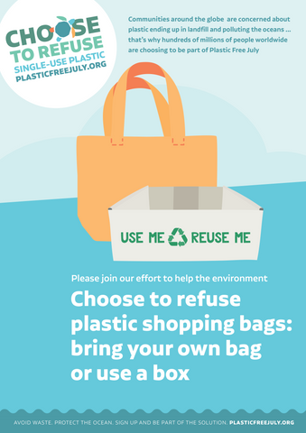 Image depicts orange reusable shopping bag and cardboard box. Choose to refuse plastic shopping bags; bring your own bag or use a box. 