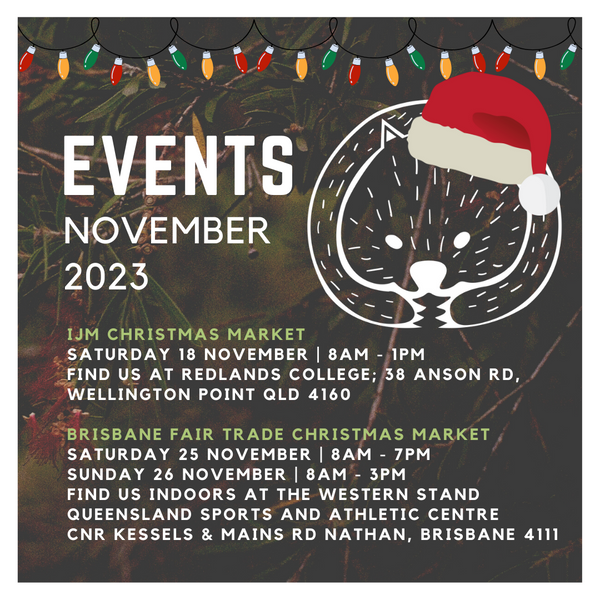 Wombat Brain Events November 2023. Image shows the Wombat Brain wombat logo with a Christmas hat on and Christmas lights behind.