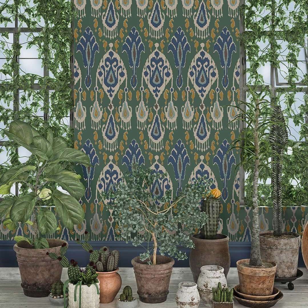 T16246 INDIES IKAT Wallpaper Green from the Thibaut collection