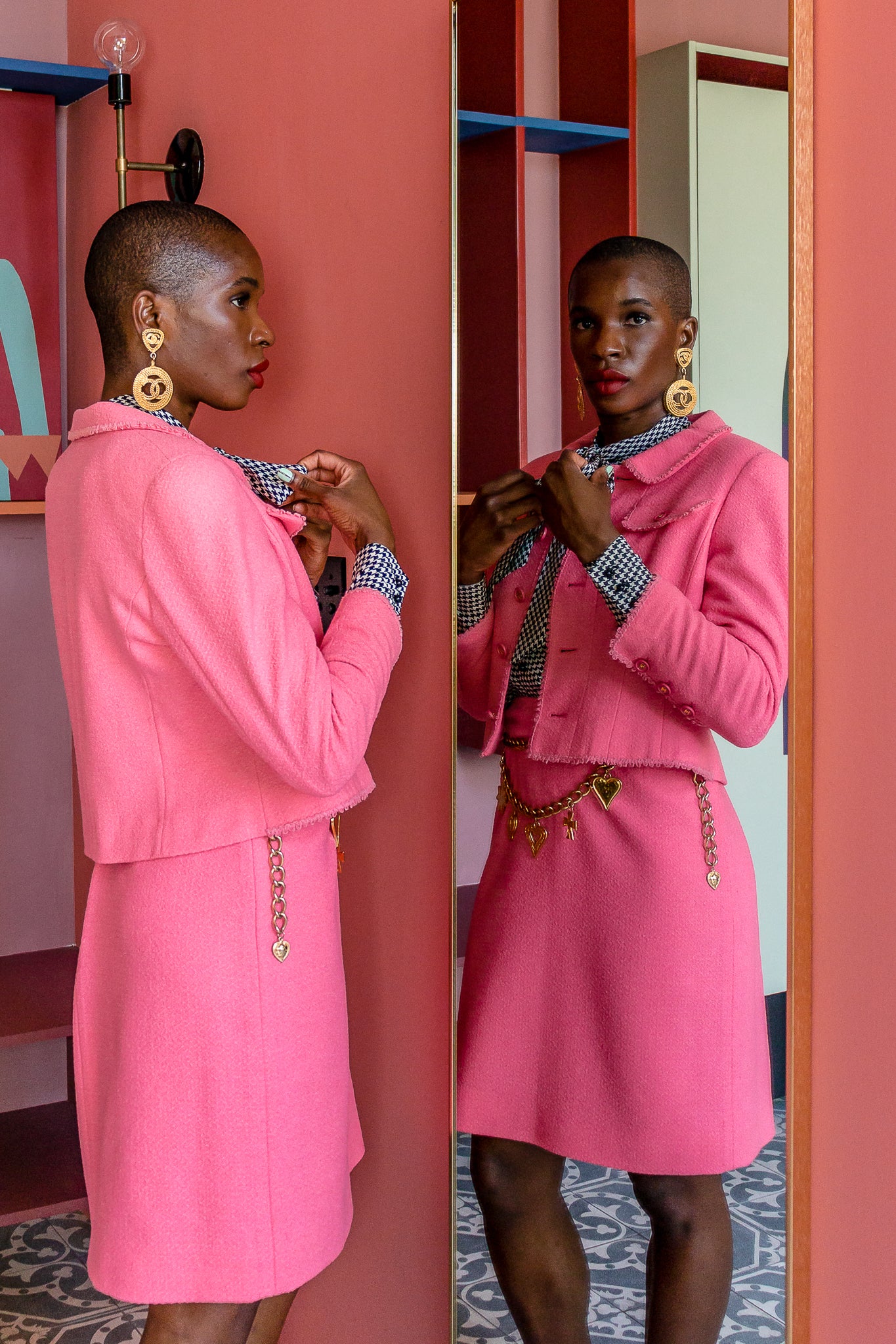 Recess Los Angeles Vintage Consignment Monica Ahanonu Chanel Pink Boucle Tweed Suit
