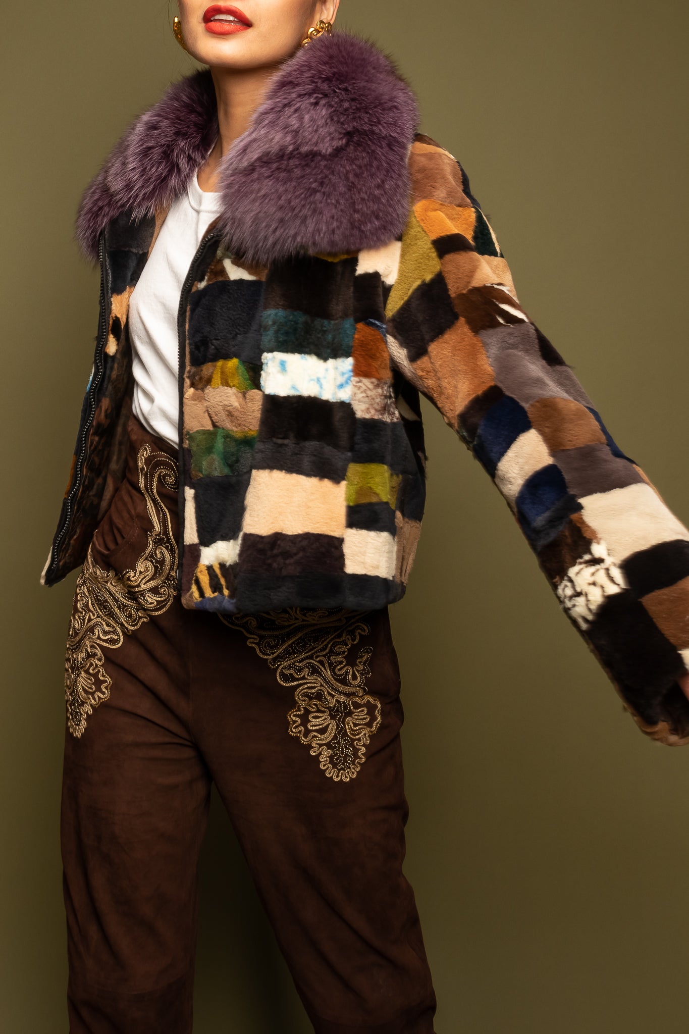 girl in Moda Martani patchwork fur jacket & Gianfranco Ferre Pant on green @ Recess Los Angeles