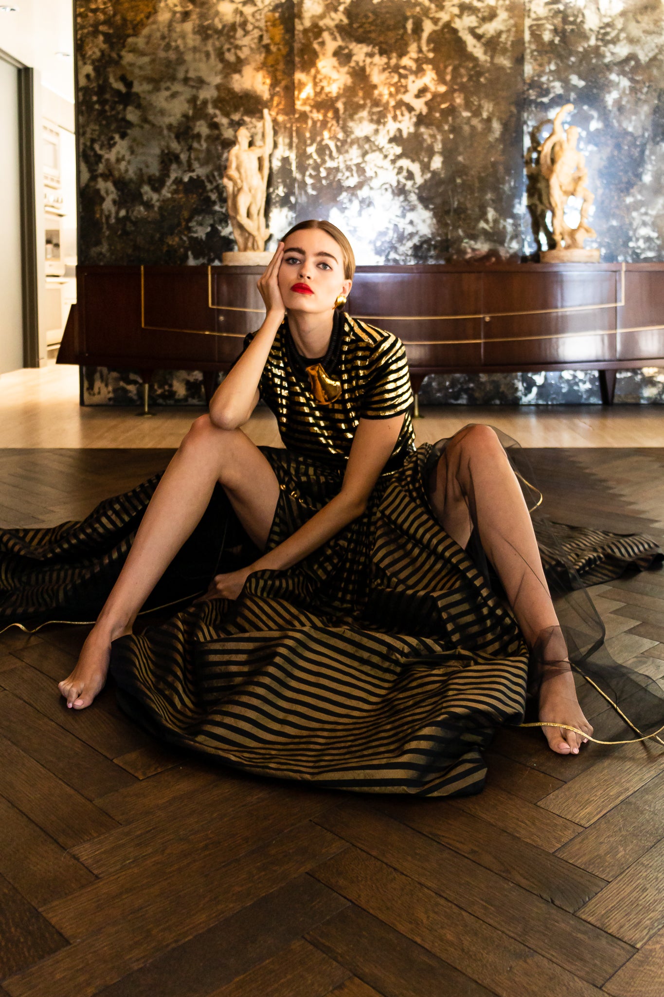 Hannah in Galanos Gold Striped Velvet Taffeta Slit Gown With Shorts @ Recess Vintage ACA Virtual